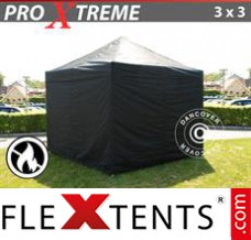 Tonnelle pliante FleXtents Xtreme 3x3m Noir, Ignifugé, avec 4 cotés